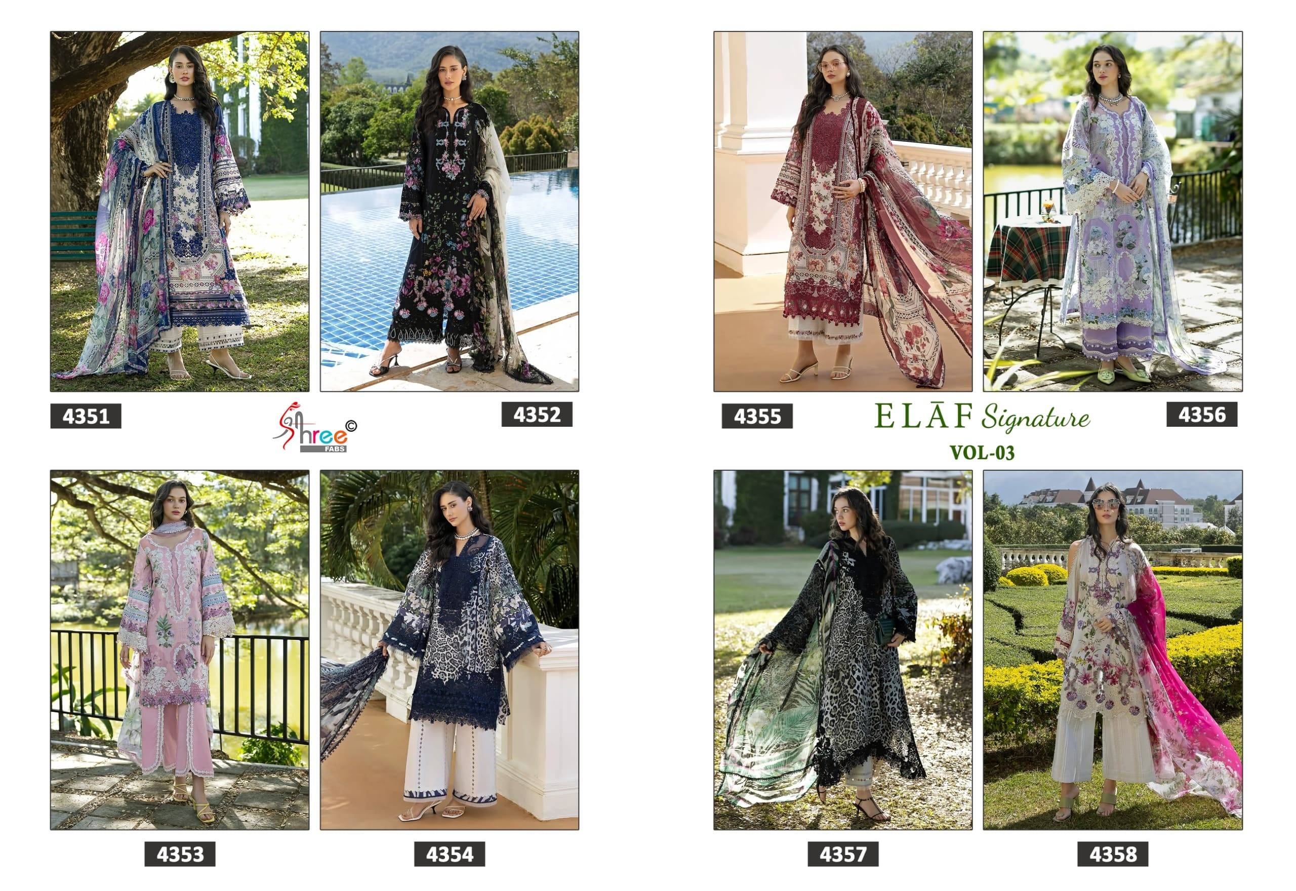 ELAF SIGNATURE VOL-3 BY SHREE FAB 4351 to 4358  Series Beautiful Pakistani Suits Colorful Stylish Fancy Casual Wear & Ethnic Wear Pure Cotton Print Dresses At Wholesale Price